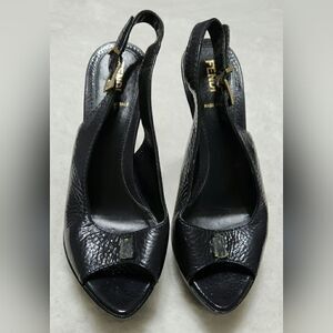 Fendi 37 Black Heels Pumps Platform Slingback Peep Toe Shoes